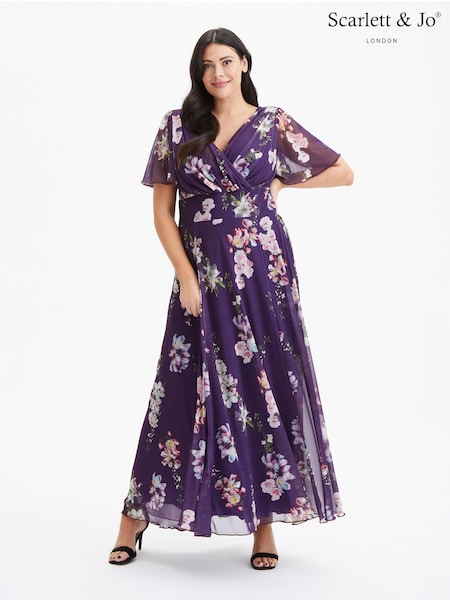 Scarlett & Jo Purple Floral Curve Isabelle Angel Sleeve Maxi Dress (K81693) | €146