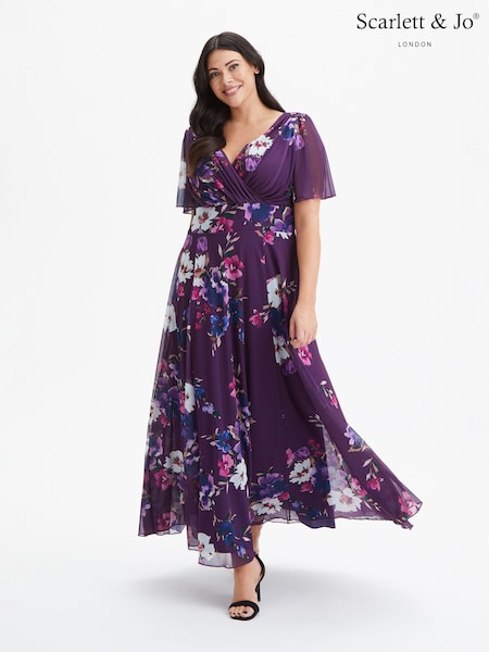 Purple Navy Floral - Scarlett & Jo Curve Isabelle Angel Sleeve Maxi Dress (K81715) | €57