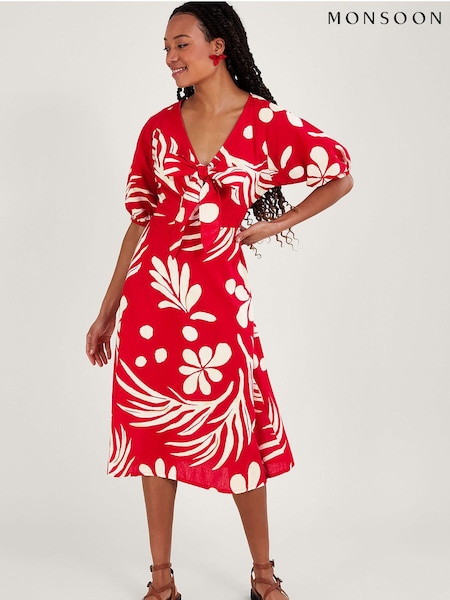 Monsoon Red Abstract Palm Print Tie Front Midi Dress (K81736) | €44.50