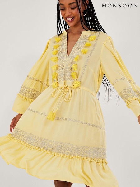 Monsoon Yellow Embroidered Pom Pom Kaftan Dress (K81758) | €51