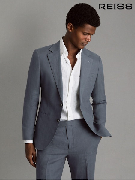Reiss Airforce Blue Kin Single-Breasted Linen Suit Blazer Slim Fit (K81788) | AED2,146