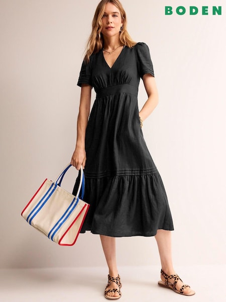 Boden Black Short Sleeve 100% Linen Midi Dress (K81941) | €82