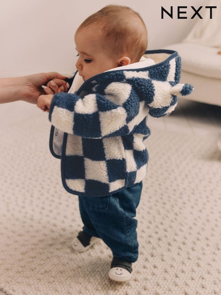 Navy Blue Checkerboard Baby Borg Hooded Fleece Jacket (0mths-2yrs) (K82071) | 79 QAR - 84 QAR