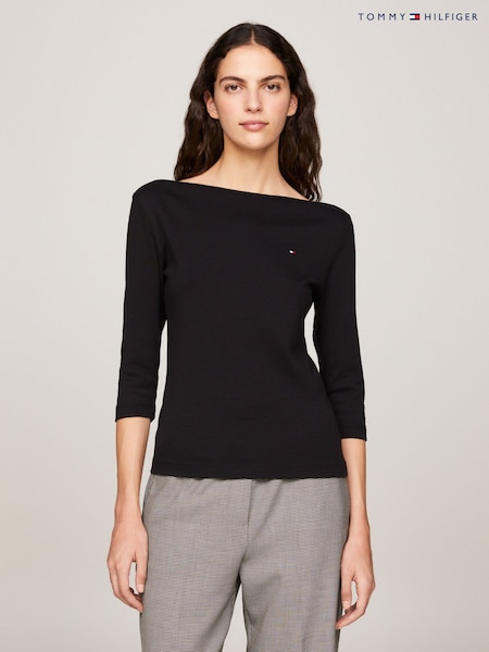 Tommy Hilfiger Black Slim Cody Boat Neck 100% Cotton Top (K82095) | 272 QAR