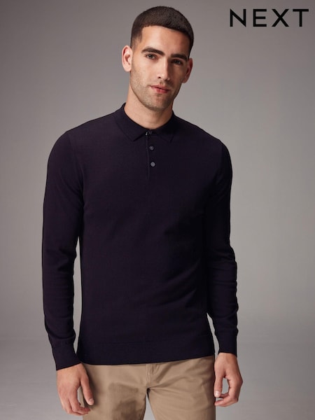 črna - Klasičen kroj - Knitted Long Sleeve Polo Shirt (K82198) | € 32
