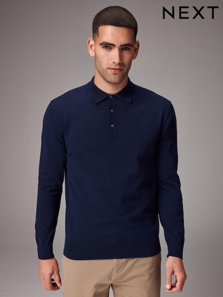 Blue Navy Regular Fit Knitted Long Sleeve Polo Shirt (K82214) | $45