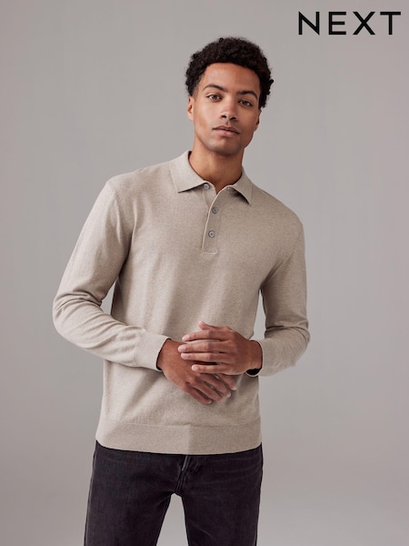 Neutral Regular Fit Knitted Long Sleeve Polo Shirt (K82216) | $45
