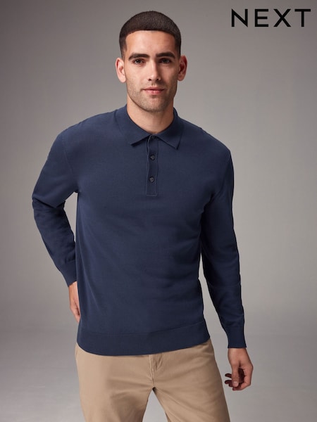 Blue Slate Regular Fit Knitted Long Sleeve Polo Shirt (K82227) | €6