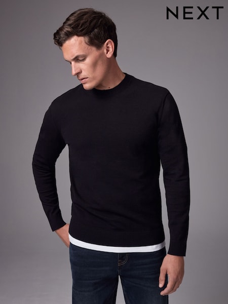 Black Plain Regular Fit Cotton Rich Crew Jumper (K82234) | R$ 240