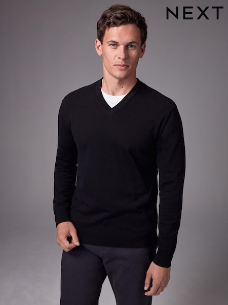 Black Regular Fit Cotton Rich V-Neck Jumper (K82238) | €11
