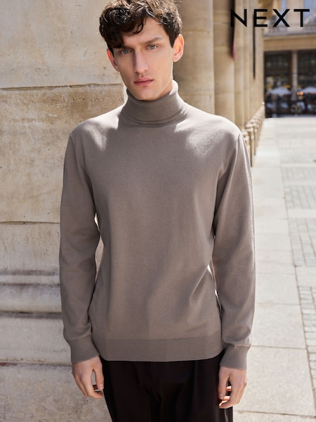 Neutral Brown Regular Fit Cotton Rich Roll Neck Jumper (K82243) | AED22