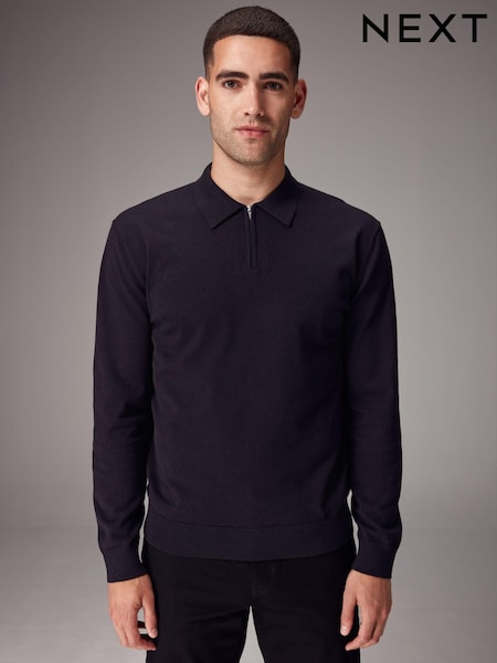 Black Knitted Long Sleeve Quarter Zip Polo Shirt (K82247) | 62 SAR