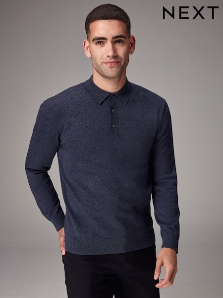 Blue Marl Regular Fit Knitted Long Sleeve Polo Shirt (K82253) | €6