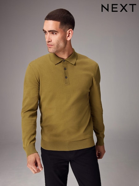 Green Olive Regular Fit Knitted Long Sleeve Polo Shirt (K82254) | 77 SAR