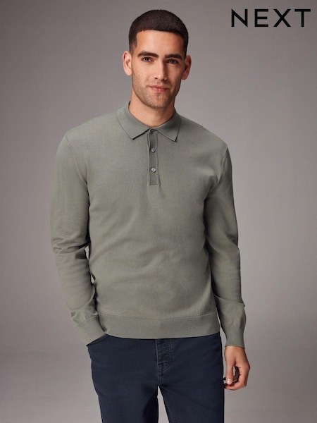 Green Sage Regular Fit Knitted Long Sleeve Polo Shirt (K82259) | €6