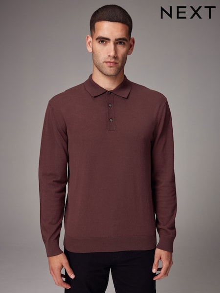 Red/Brown Regular Fit Knitted Long Sleeve Polo Shirt (K82261) | €8