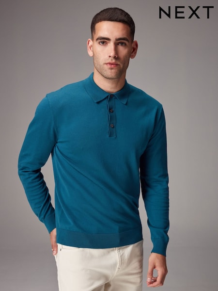 Blue Turquoise Regular Fit Knitted Long Sleeve Polo Shirt (K82262) | €6