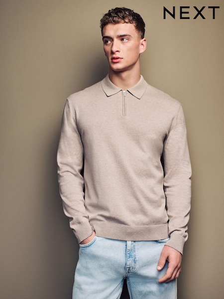 Neutral Knitted Long Sleeve Quarter Zip Polo Shirt (K82268) | €6