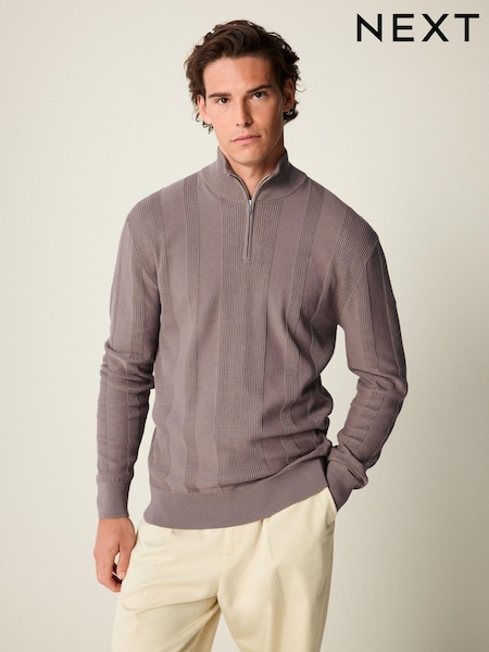 Dark Brown Texture 100% Cotton Regular Fit Quarter Zip Jumper (K82284) | €6
