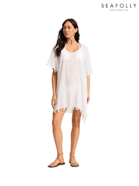 Valkoinen - Seafolly Amnesia Tupsuverhoilu 100% puuvillakaftania (K82293) | €79