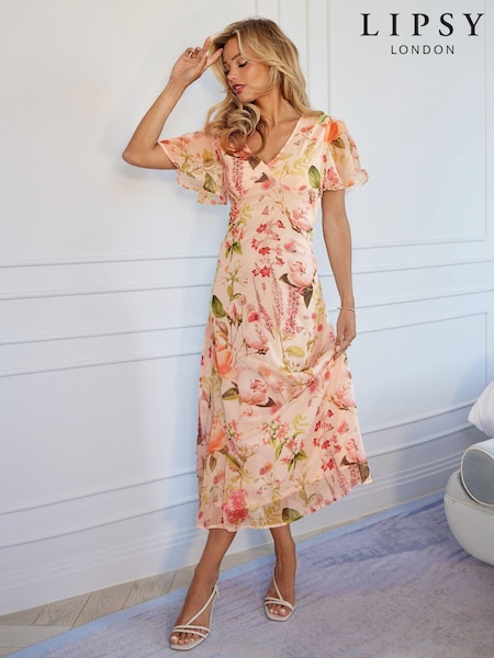 Lipsy Pink Flutter Sleeve Floral Chiffon Midi Dress (K82303) | € 31