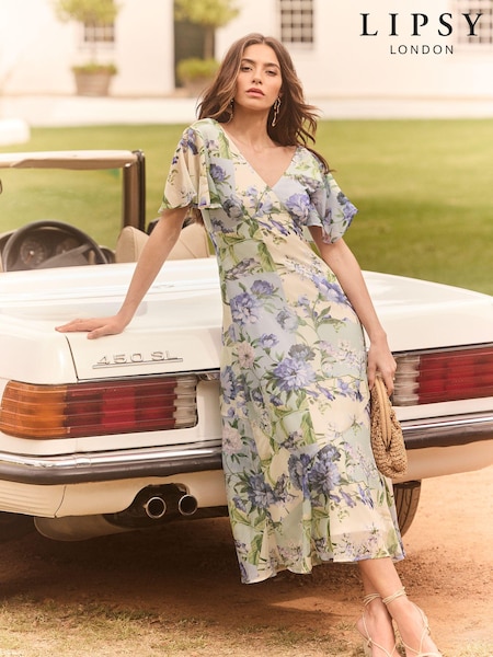 Lipsy Blue Flutter Sleeve Floral Chiffon Midi Dress (K82305) | € 36