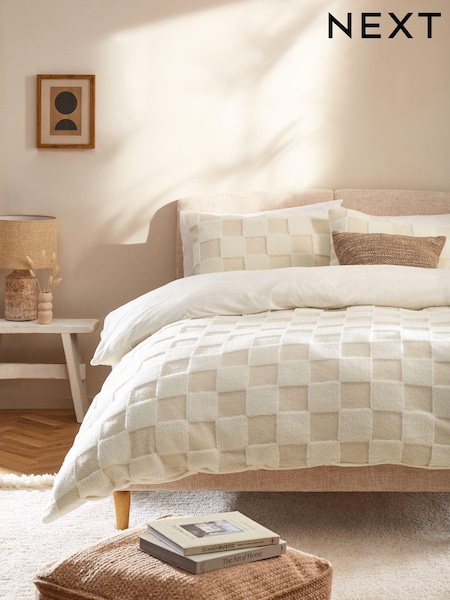 Cream Cosy Borg Checkerboard Fleece Duvet Cover and Pillowcase Set (K82410) | AED129 - AED226