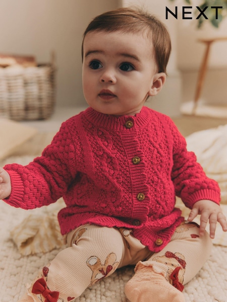Red Baby Knitted Bobble 100% Cotton Cardigan (0mths-2yrs) (K82417) | €18 - €21