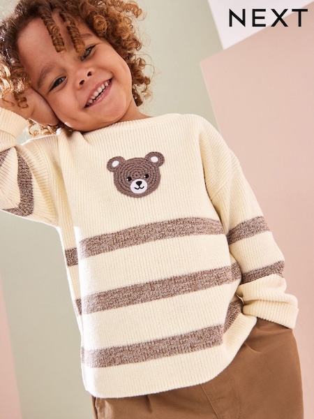 בצבע שמנת/חום - Bear Stripe Knitted 100% Cotton Crew Neck Jumper (3mths-7yrs) (K82471) | ‏59‏₪ - ‏67‏ ₪