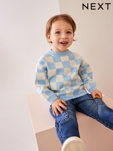 Blue Checkerboard Crew Neck Knitted Jumper (3mths-7yrs) (K82480) | €14 - €16