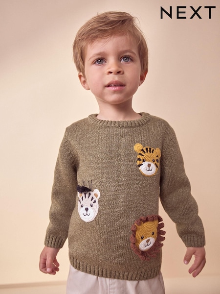חיות בספארי בצבע ירוק חאקי - Crew Neck Knitted 100% Cotton Jumper (3mths-7yrs) (K82481) | ‏71‏₪ - ‏80‏ ₪