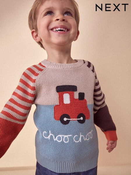 Blue/Neutral Train Knitted 100% Cotton Crew Neck Jumper (3mths-7yrs) (K82486) | €16 - €18