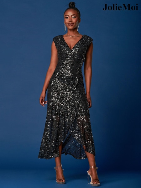 Черный - Jolie Moi Sequin Wrap Ruffle Hem Maxi Dress (K82577) | €31