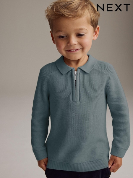 Teal Blue Long Sleeve Quarter Zip Knitted Polo Shirt (3mths-7yrs) (K82652) | 576 UAH - 659 UAH