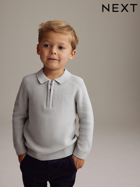 Light Grey Long Sleeve Quarter Zip Knitted Polo Shirt (3mths-7yrs) (K82656) | $24 - $27