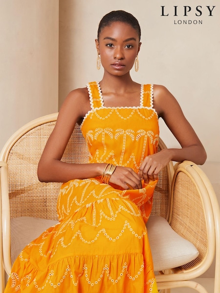 Lipsy Yellow Petite Palm Broderie Tiered Summer Holiday Midi Dress (K82694) | €34