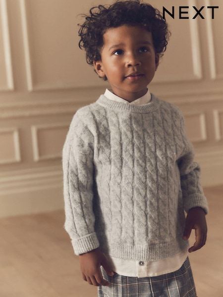 Grey Cable Crew Neck Mock 100% Cotton Shirt Jumper (3mths-7yrs) (K82695) | €18 - €21
