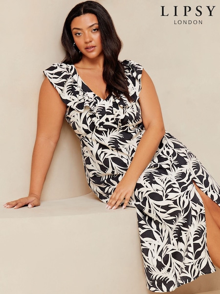 Lipsy Black/White Curve Sleeveless V Neck Ruffle Summer Midi Dress (K82710) | € 28