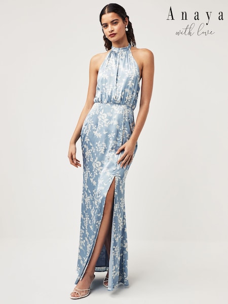 Anaya With Love Blue Floral Satin Maxi Bridesmaid Dress (K83159) | €26