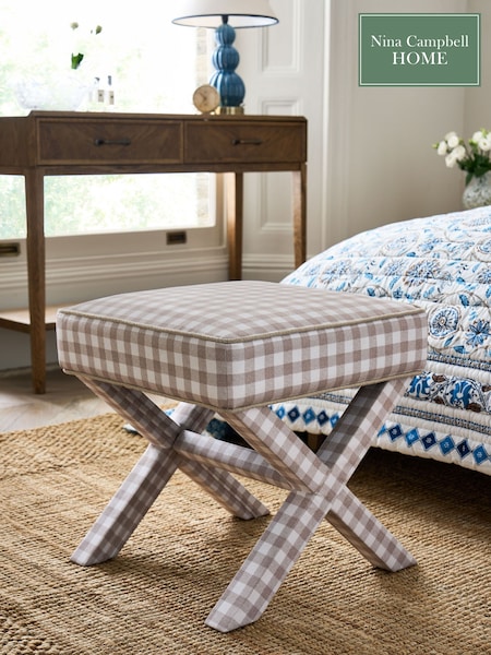 Nina Campbell Natural Bracken Gingham Check Walton Footstool (K83166) | €189