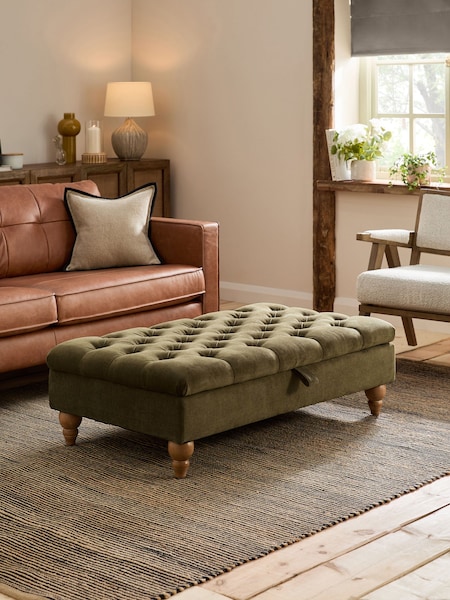 Buttoned Fine Chenille Moss Green Albury Large Footstool (K83207) | €340