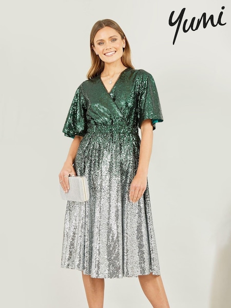 Yumi Green Ombre Sequin Midi Wrap Dress (K83530) | €107