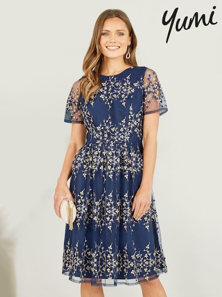 Yumi Blue Embroidered Floral Skater Dress (K83531) | €93