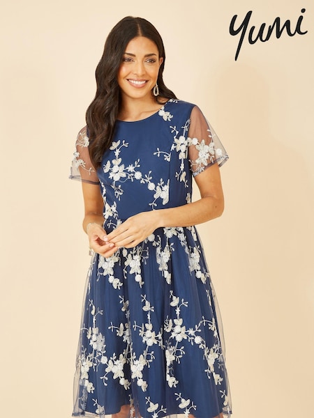 Sininen - Yumi Brodeerattu Kukallinen Skater Mekko (K83533) | €102