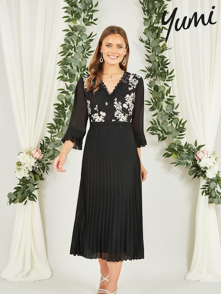 Yumi Black Embroidered Panel Midi Dress With Pleats (K83547) | ₪327
