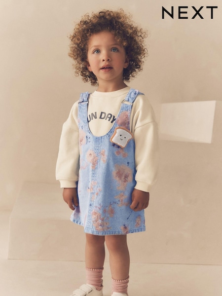 Blue Floral Denim Printed Pinafore And 100% Cotton Sweater Set (12mths-8yrs) (K83565) | AED73 - AED91