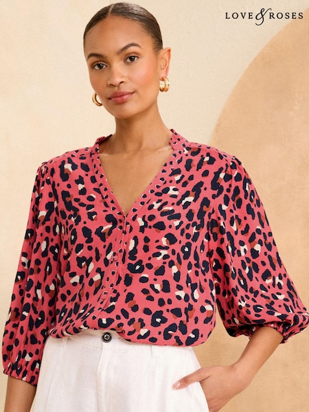 Love & Roses Pink Ruffle V Neck 3/4 Sleeve Button Through Blouse (K83578) | €23