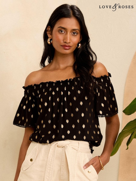 Love & Roses Black Dash Foil Jersey Flutter Sleeve Bardot Top (K83580) | €16