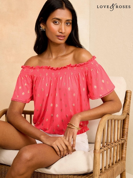 Love & Roses Dash Foil Jersey Flutter Sleeve Bardot Top (K83614) | €16