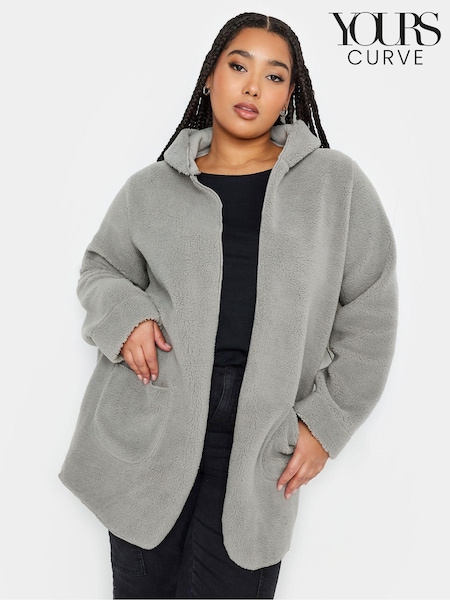 Yours Curve Grey Teddy Hooded Jacket (K83919) | $79